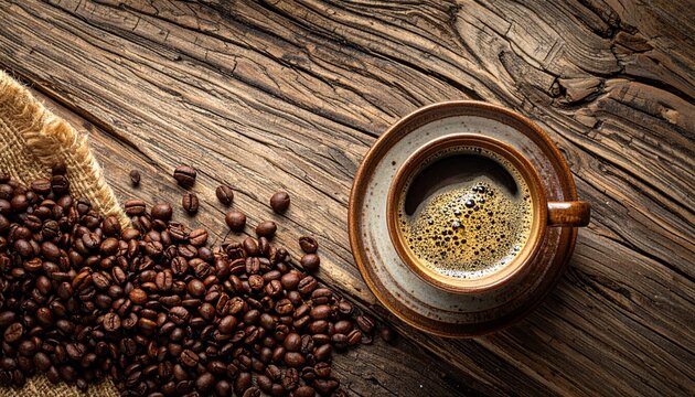 Dark Roasted Coffee Beans with Espresso Cup on Wooden Surface Overhead Flat Lay Warm Lighting Coffee Brown and White Ceramic Cup