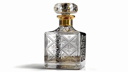 A square, faceted glass perfume bottle with a gold neck and a crystal-cut cap. - Powered by Adobe