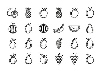 Line Art Fruits Icons Set Apple, Banana, Lemon, Grapes, Pineapple, Pear, Watermelon, & More