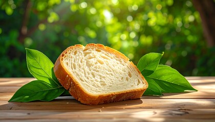 Freshly Baked Bread Slice with Green Leaves on a Wooden Table in Nature