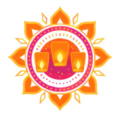 Bright circular Diwali design featuring three glowing diyas, surrounded by a floral mandala border in orange, pink, and yellow hues. Perfect festive vector for Diwali cards, posters, and decor.