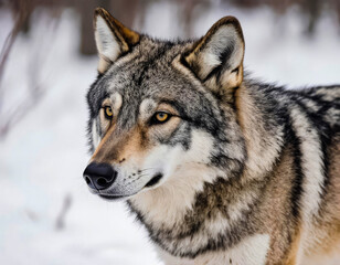 Obraz premium Close-up portrait of a wild gray wolf with amber eyes and thick fur, gazing forward in soft natural light against a blurred forest background, showcasing wildlife strength and elegance.