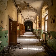 Fototapeta premium Dilapidated hallway, peeling paint, sunlight, and broken doors creating decay