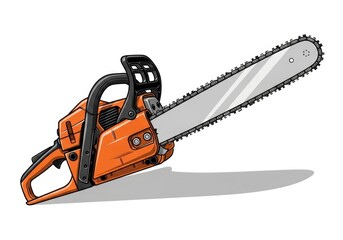 Fototapeta premium Orange Chainsaw Isolated, Silver Blade, Black Handle, Equipment on White Backdrop