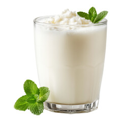 Ayran salted yogurt drink in tall glass with foamy top and mint leaf, isolated on white transparent background, concept of healthy drink