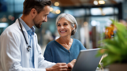 Male physician showing laptop screen with medical information to smiling senior woman at hospital reception counter during scheduled visit for comprehensive eye examination appoint