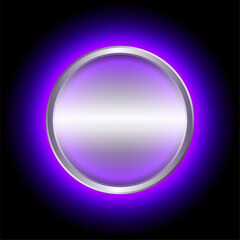 Shiny silver button with purple blue glow on black background.