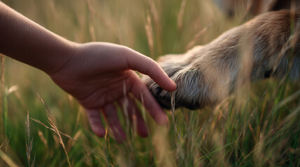 Child touching dog paw in golden field.