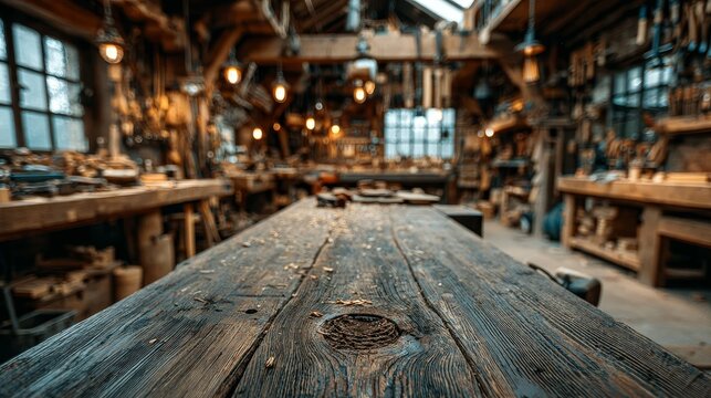 Close up view of woodworker's workshop from first person perspective showing bench with modern and classic tools around, cozy craftsmanship atmosphere, detailed woodworking scene