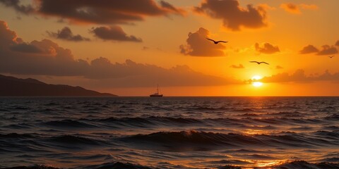 a golden sunset over a calm ocean with distant islands and seagulls flying across the horizon