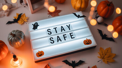 Stay safe message on illuminated lightbox surrounded by halloween decorations and lights