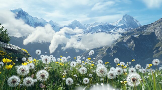 Close-up of dew-covered dandelions and alpine asters in foreground, craggy mountain range under cotton-like clouds in background, hyper-realistic depth perception.