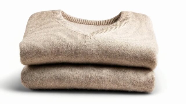 Folded beige knit sweater stacked neatly.