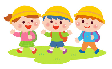 遠足で歩く子どもたちのイラスト