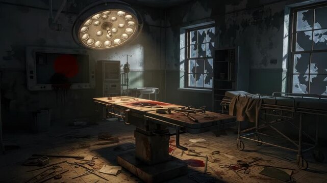 Abandoned operating room, a chilling medical scene with broken windows and surgical tools,