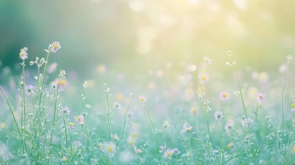 Pastoral landscape with field of chamomile under hazy morning light, purple wild peas weaving through grass, soft bokeh background in cool blue and green palette.
