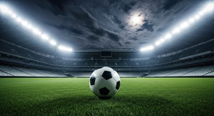 Naklejka premium A soccer ball sits on the green field of a brightly lit stadium under a cloudy night sky, ready for the game to begin with anticipation and excitement