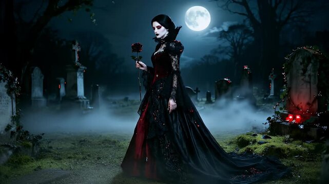 A beautiful gothic vampire woman in a black dress holding a red rose in a misty cemetery at night
