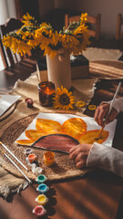 Child painting sunflowers at home