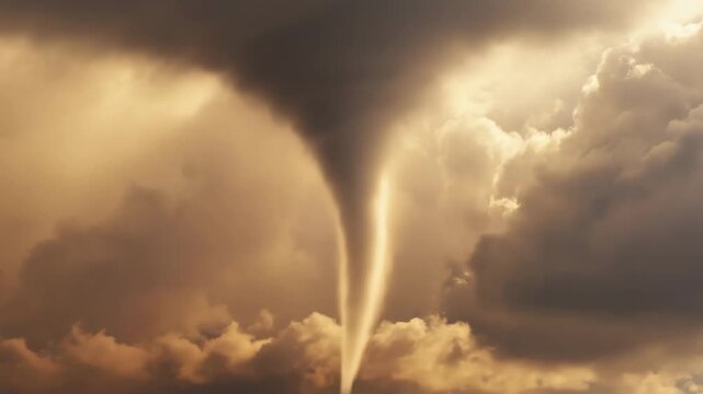 Dramatic tornado funnel cloud descends from stormy skies during severe weather event today