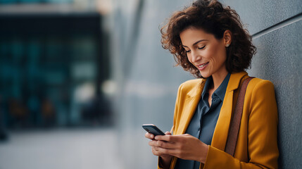 Portrait of female business professional actively browsing social media applications and networking platforms on mobile device while standing casually by office wall social media