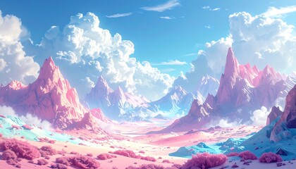 Fantasy Landscape with Pink Mountains, Clouds and Sky in a Beautiful Scene