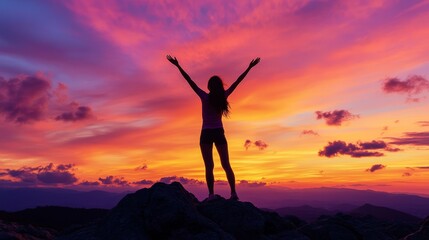 triumphant young woman standing on a rocky hilltop with arms raised high, hair blowing in the breeze, facing a vibrant sunset sky painted in oranges and purples, silhouette glowing in golden backlight