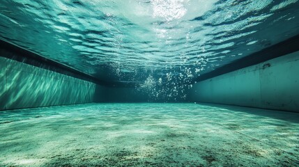 Wide-angle view of drained pool filled with clear water, distorted perspective through water surface, copy space at center with floating dust particles in blue-green hues.