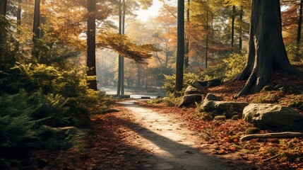Fototapeta premium A photo of a peaceful forest path in the fall.