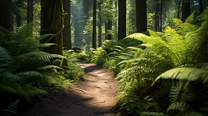 Fototapeta premium A photo of a peaceful forest path with tall ferns
