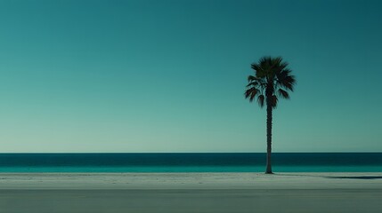Obraz premium Tropical beach scenery featuring palm tree and ocean minimalist seascape backdrop