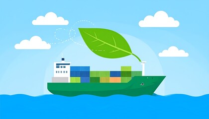 Eco-Friendly Shipping Concept Depicted with Cargo Ship and Large Green Leaf
