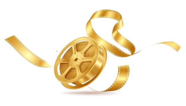 Golden Film Reel with Ribbon Vector Illustration on White Background