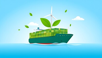 Eco-friendly shipping container ship with wind turbine, leaves, and concept art
