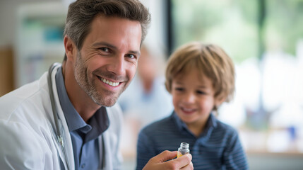 Cheerful smiling young male ophthalmologist carefully administering prescription eye drops to young boy patient during pediatric medical examination in clinical room at eye care