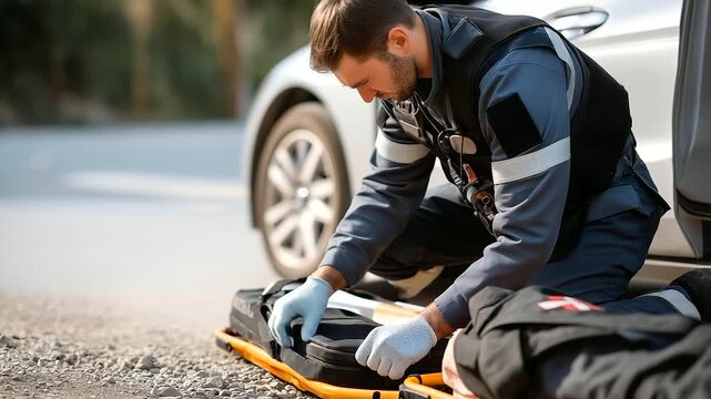 A paramedic, their gloves tight, checks a first-aid kit, its plastic scuffed, on a road shoulder. A stretcher, its straps frayed, rests nearby, its metal frame glinting. A car&rsquo;s door, its handle