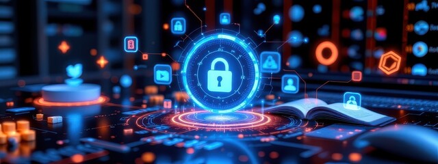 digital art of asset tracking in a secure database with floating holographic icons and files