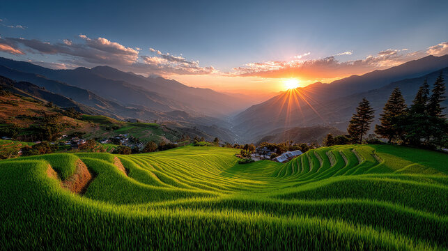 Golden sunset bathes Longsheng's lush green rice terraces, casting warm light over stepped fields and misty mountains for a serene, human-free rural landscape