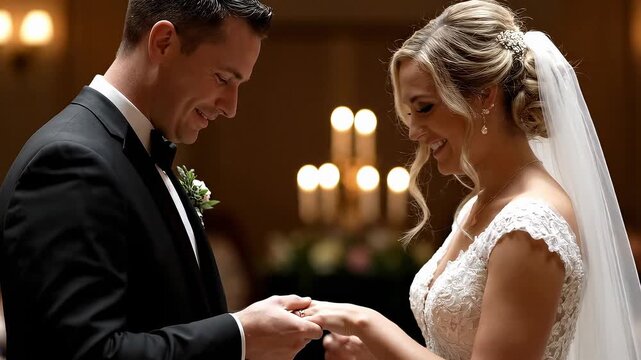 Elegant bride and groom exchanging rings during wedding ceremony in softly lit church, capturing a moment of timeless love and commitment for lifetime memories