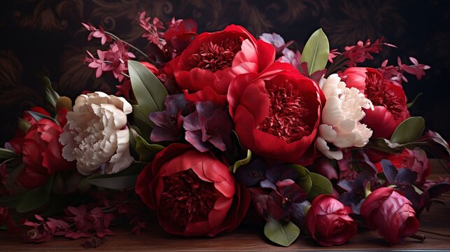 A photo of a romantic bouquet of red roses and peon