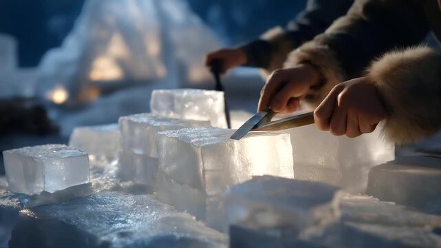 An Inuit family, their hands steady, builds an igloo, the snow blocks&rsquo; surfaces smooth. A bone saw, its blade sharp, cuts the blocks, their edges crisp. A fur mat, its fibers matted, cushions the