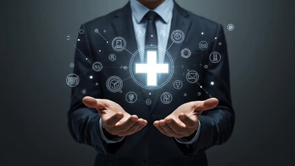 Businessman in a suit presenting a glowing health symbol with digital icons around, symbolizing innovation - Powered by Adobe