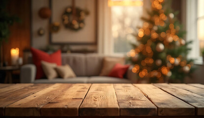 Empty wood table top with abstract warm living room decor with christmas tree blur background with bokeh light,Holiday backdrop,Mock up banner for display of advertise product
