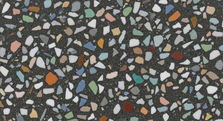 Terrazzo Stone Texture Gray Background with Colorful Chips, Abstract Pattern Design