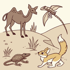 Vector art of cartoon illustration of a desert ecosystem featuring a camel, flying reptile, lizard, and fox, showcasing the diverse wildlife and landscape in a playful style