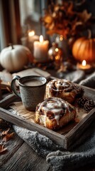 Fototapeta premium Cozy autumn still life with freshly baked cinnamon rolls, creamy icing, steaming coffee mug, glowing candles, pumpkins, pinecones, dried leaves, and open book in warm hygge setting