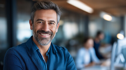 Obraz premium Portrait of self assured confident businessman smiling genuinely and glancing at colleague while actively collaborating in corporate office environment professional interaction