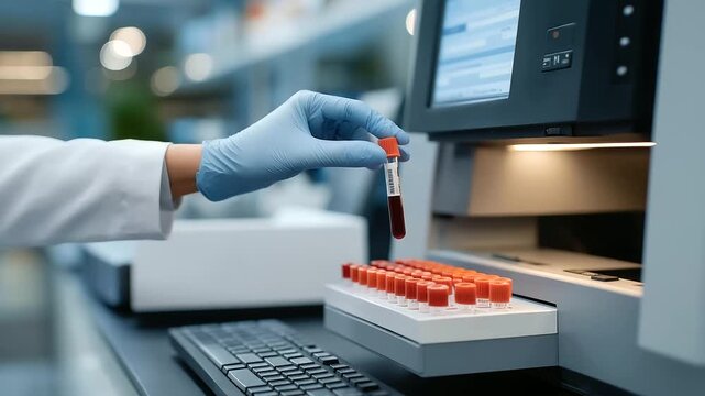 In a clinical research setting, gloved hands insert biological samples into diagnostic machines, symbolizing healthcare innovation, disease prevention, and cutting-edge laboratory science.