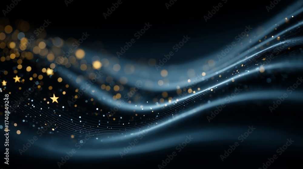Wall mural Flowing Luminous Waves and Golden Stars in Dark Space with Glowing Particles and Cosmic Motion Lines Showing Energy Flow and Dreamlike Movement in Abstract Digital Fantasy Universe