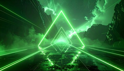 Green neon geometric landscape with triangular light tunnel in a mountain scenery